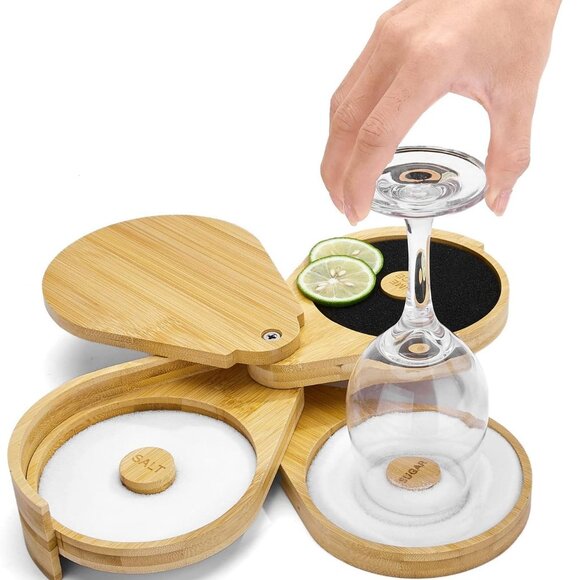 Tier Bar Glass Rimmer Bamboo Wood Sugar Salt Box with Sponge,Bartender Tool1 Set - Picture 9 of 14
